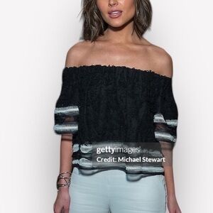 🐠Jonathan Simkhai Square Neckline Crop Top fuzzy off shoulder black white small